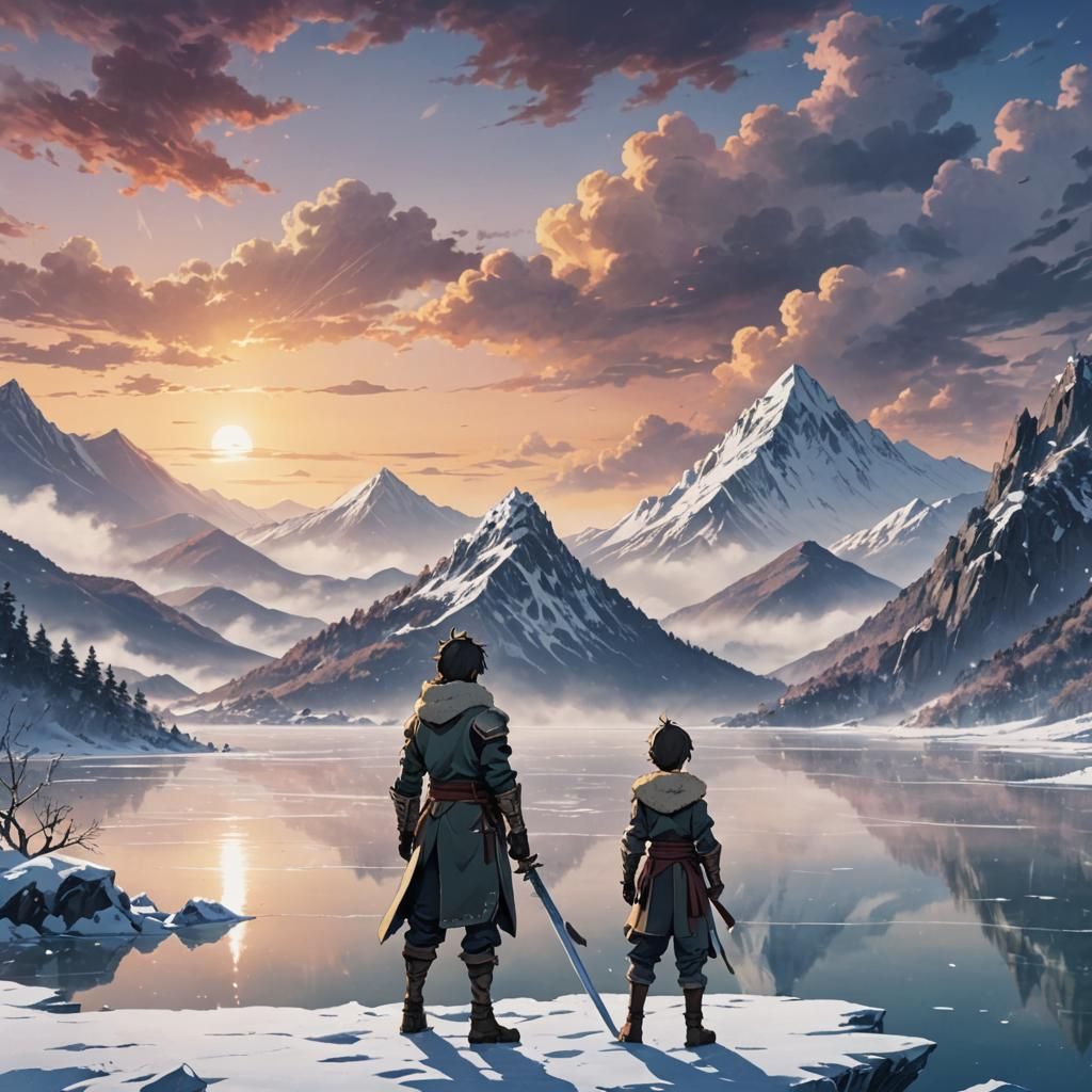 Anime Warrior at Frozen Lake in Snowy Mountains