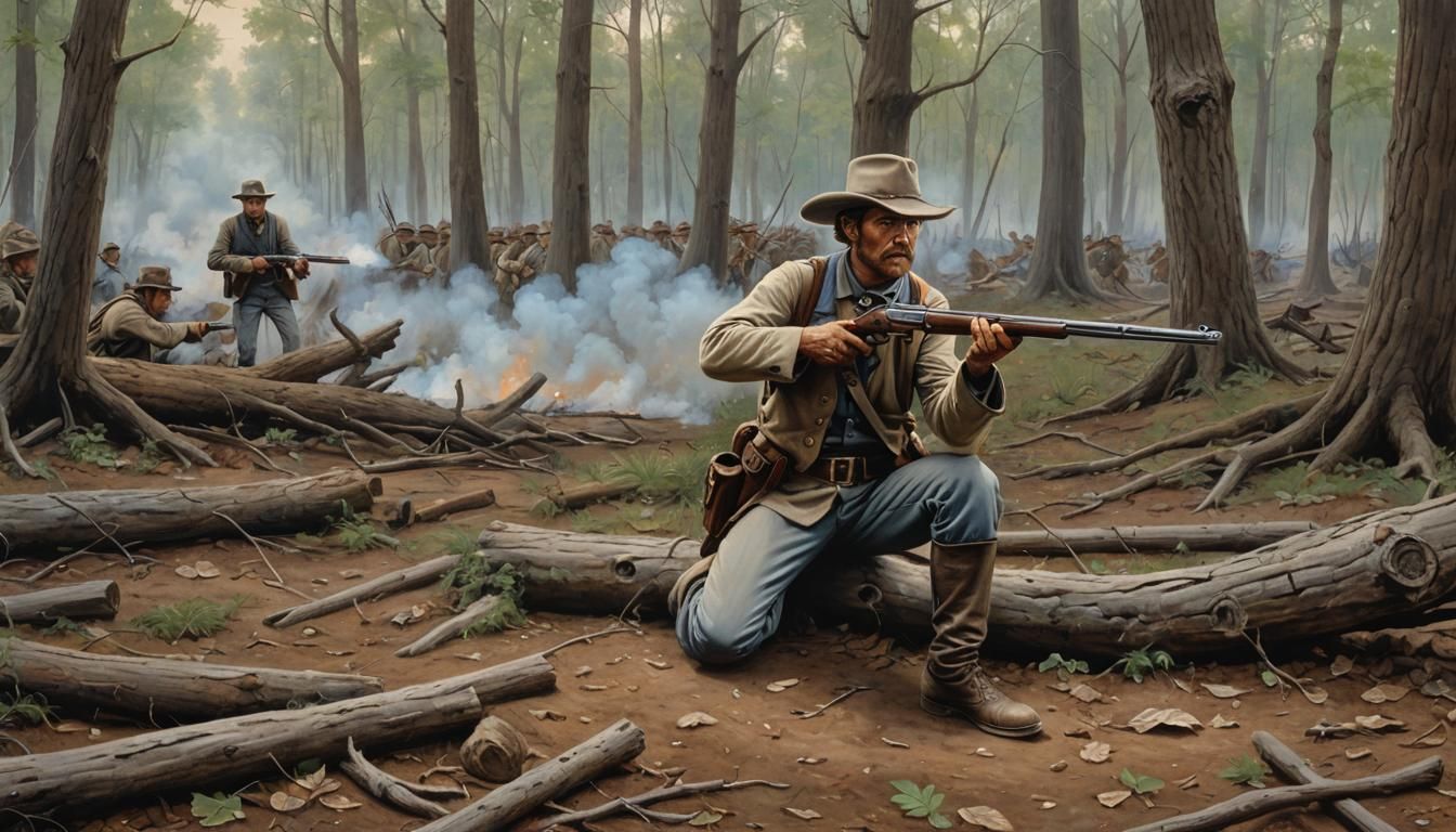 Confederate rifleman kneeling behind a fallen tree while tak...