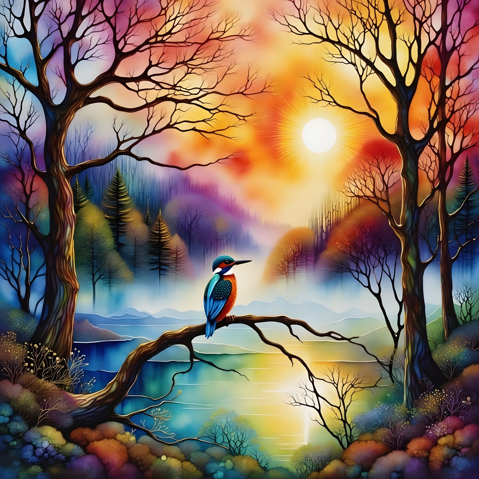 Kingfisher on Foggy Frozen Lake