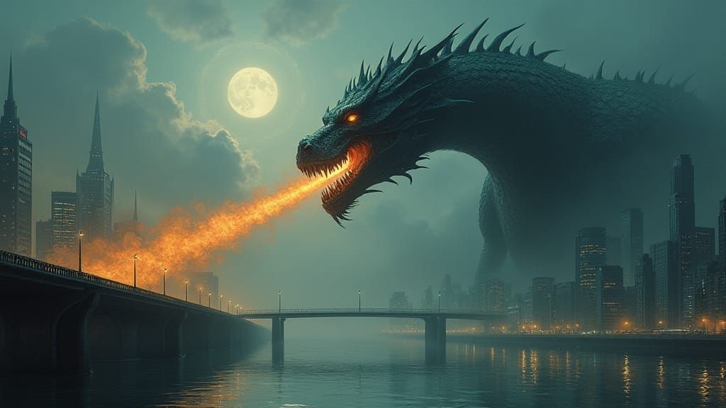 Dragon's Fury Over Dystopian City, Gothic Realism