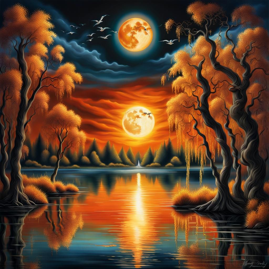 Mystical Lake with Fire Geyser Under Sun and Moon