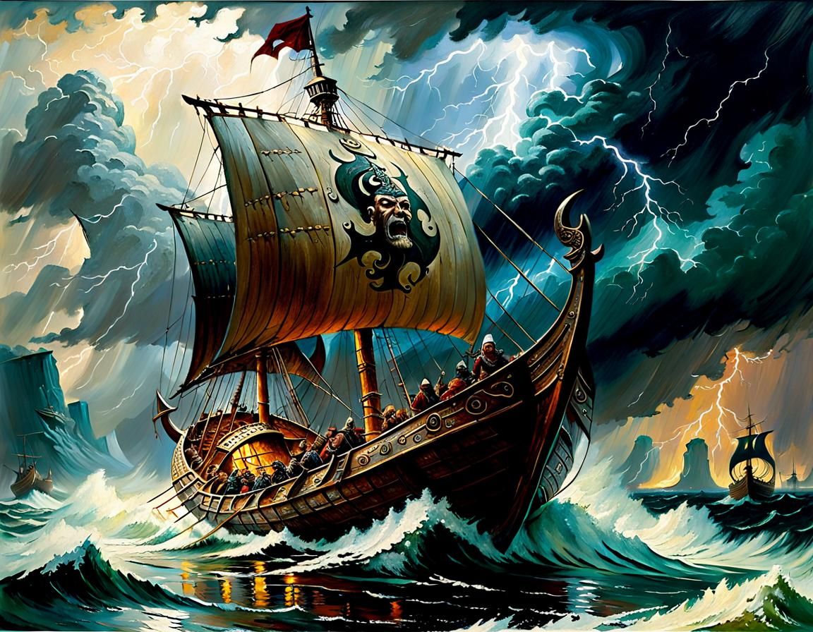 Viking Longship Sails Through Storm: Frazetta-Style Oil Pain...