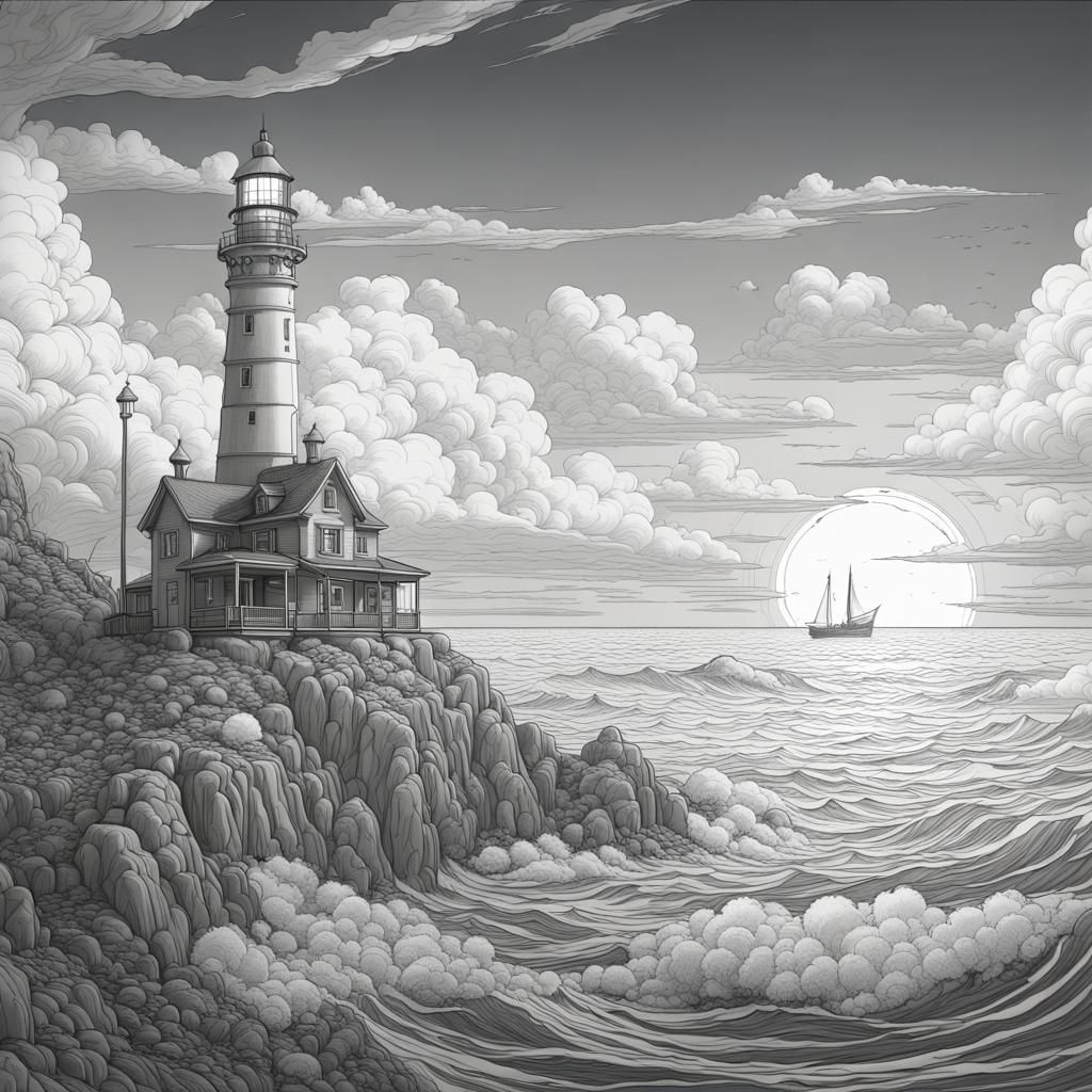 Detailed Line Art Seascape Lighthouse in Monochromatic Style