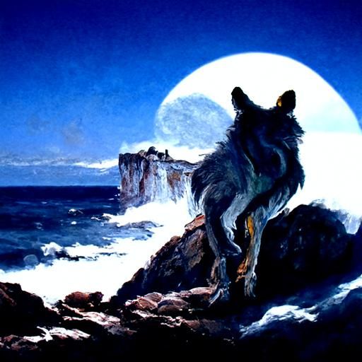 Wolf Howling at Moon, Oil Painting