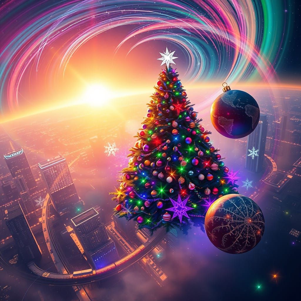 Majestic Christmas Tree Soars in Vibrant Vortex of Light