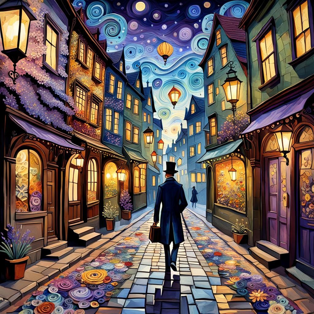 Time Traveler in Victorian Street, Pressed Flower Art