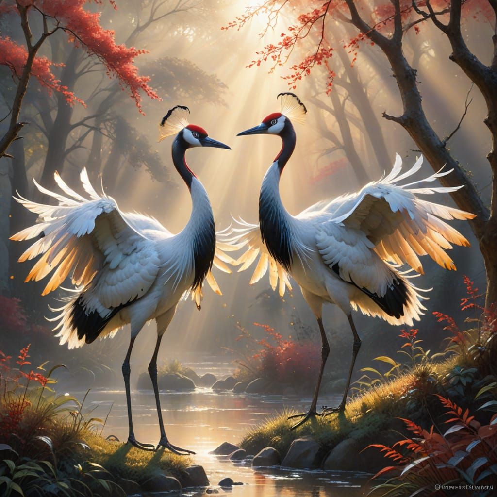 Whimsical Watercolor Dance of Red-Crowned Cranes