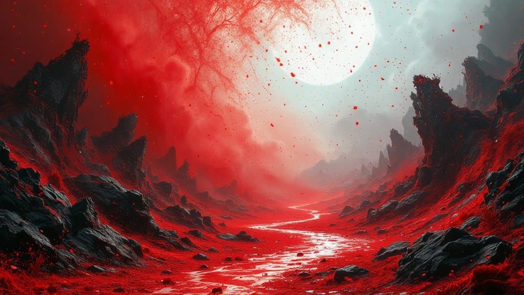 ultra detailed red confetti falls over a  nightmare landscap...