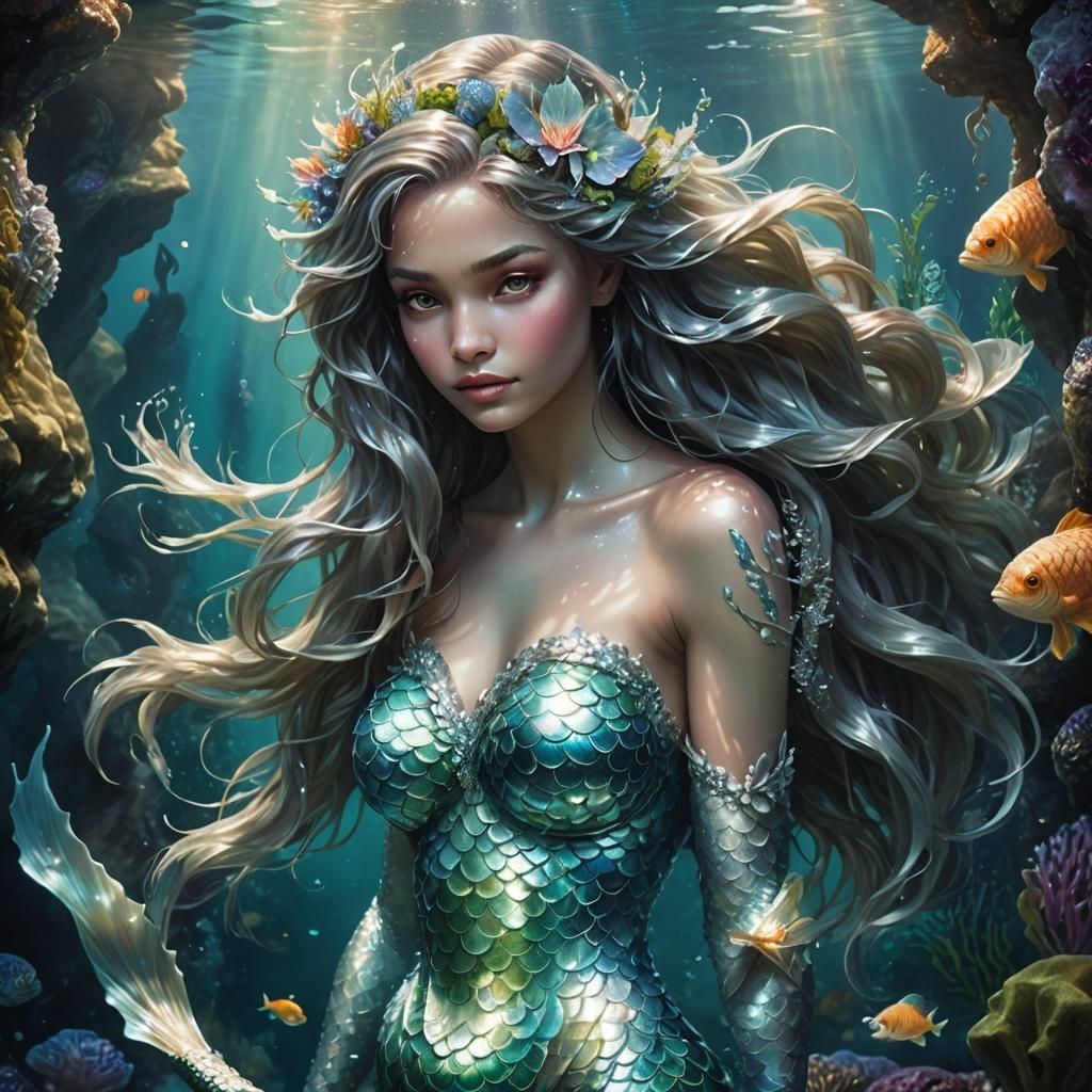Silver Mermaid in Underwater Grotto: Mythic Realism