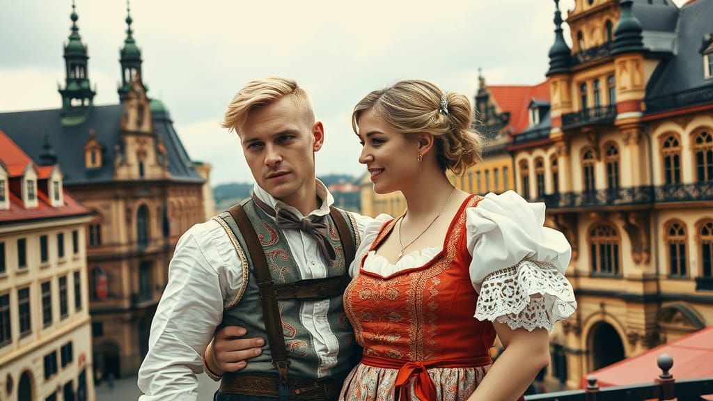 German Couple in Traditional Dress, Batik Style