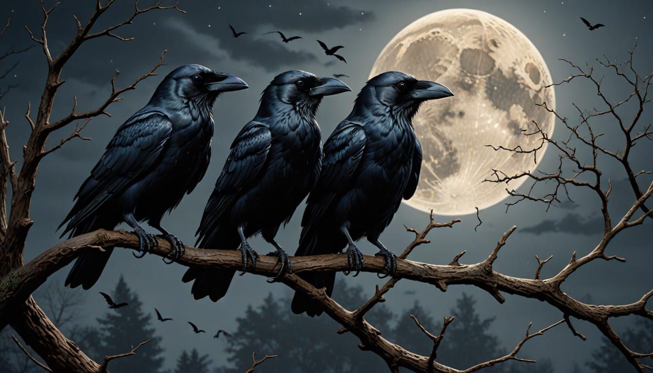 Majestic Crows Bask in Moonlit Splendor in Hyperrealistic De...