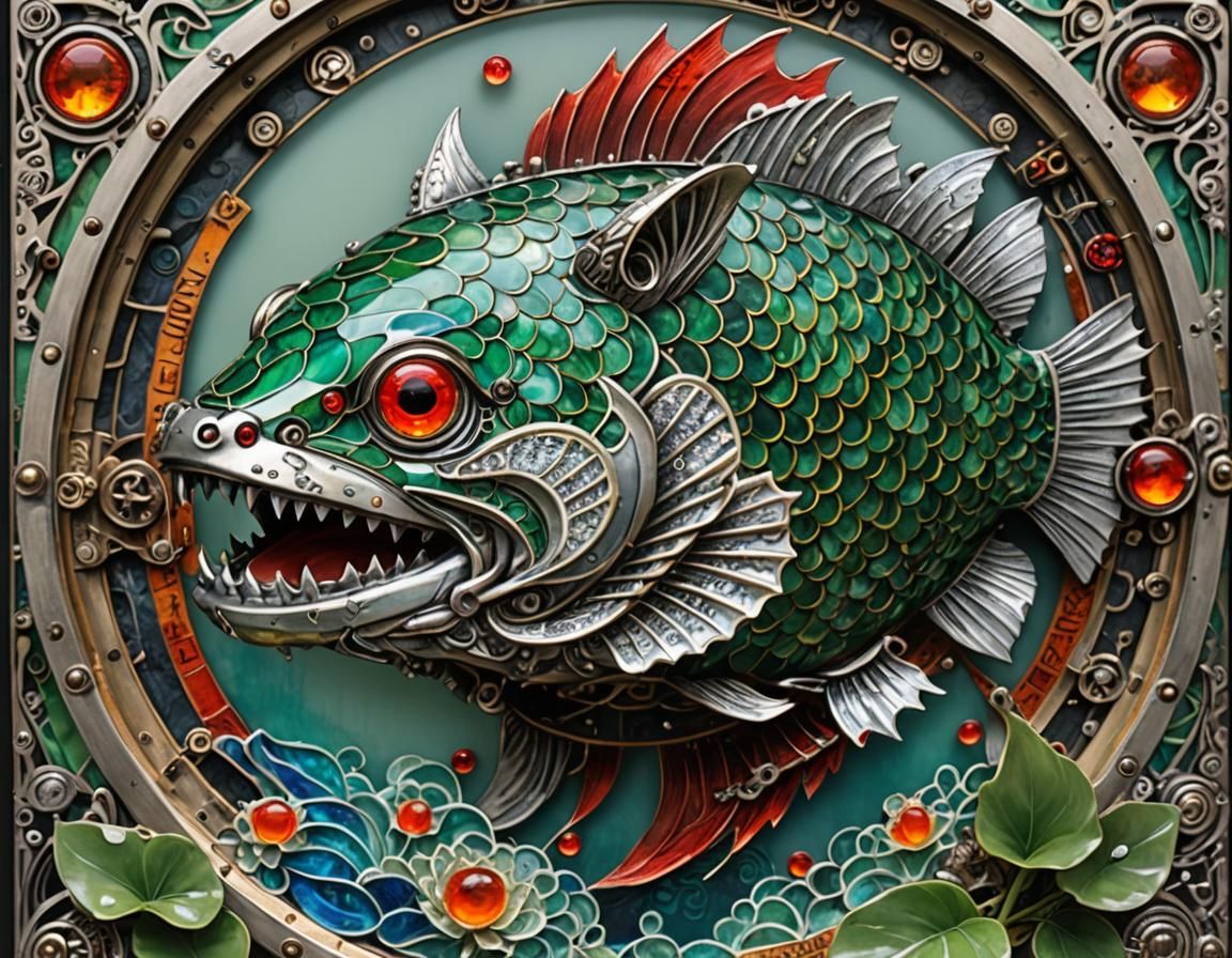 Steampunk Samurai Robot Cat Fishing in Jade River