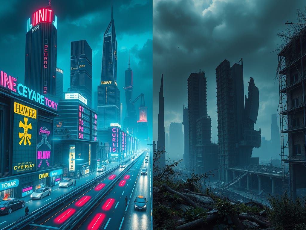 Cyberpunk City: Thriving Future and Ruined Dystopia