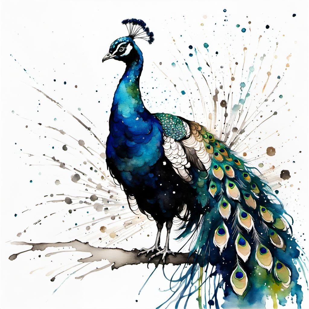Majestic Peacock Portrait in Watercolor and Ink