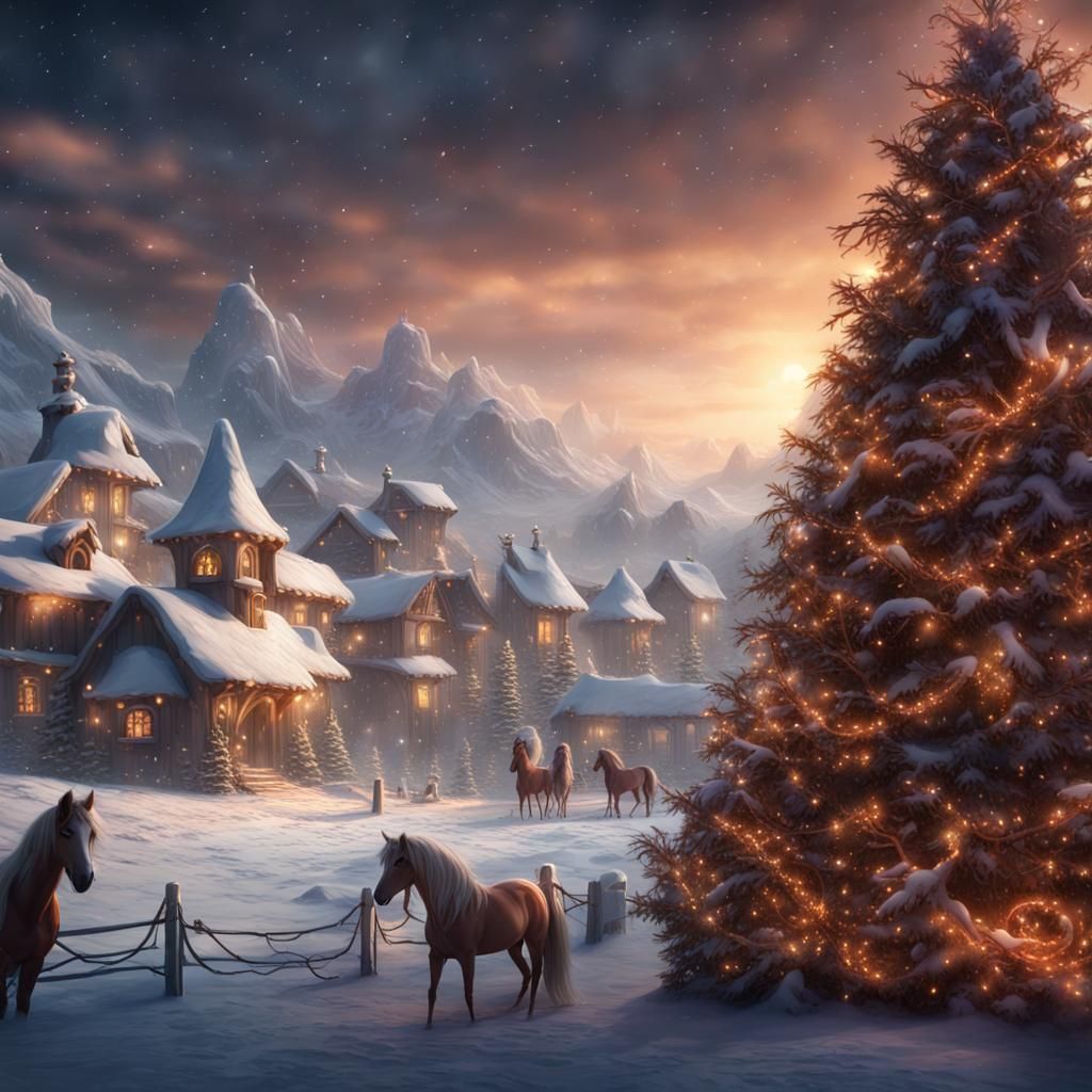 Heavenly Christmas Scene with Horses, Detailed Matte Paintin...