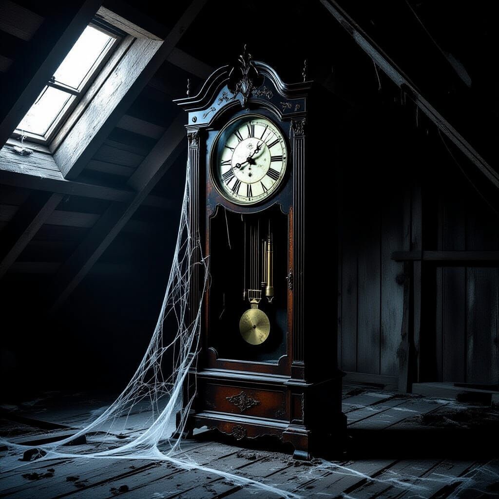 Melancholic Grandfather Clock in Dusty Attic