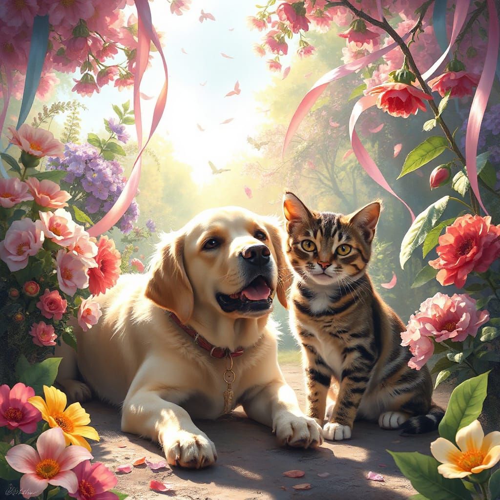 Joyful Pets in Vibrant Garden Scene