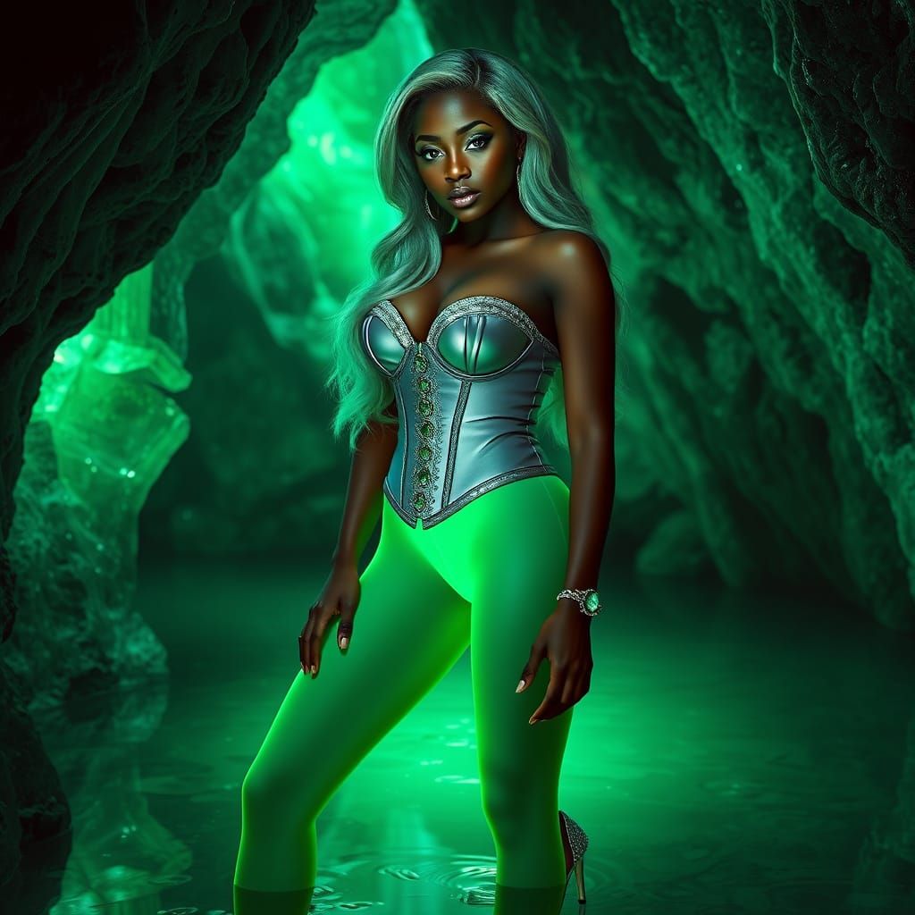 Luminescent Green Siren in Crystalline Cave