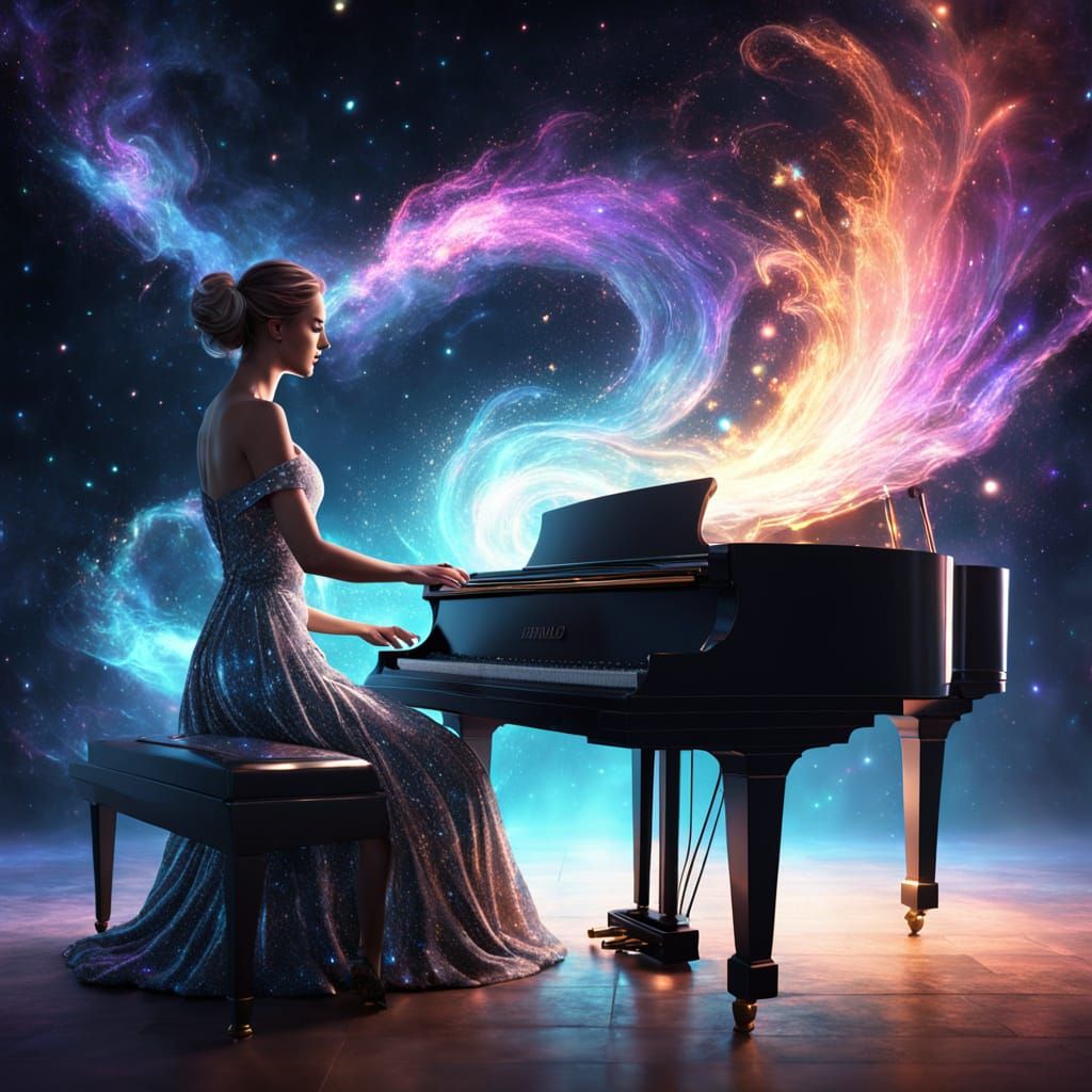 Elegant Woman Plays Piano in Vibrant Nebula