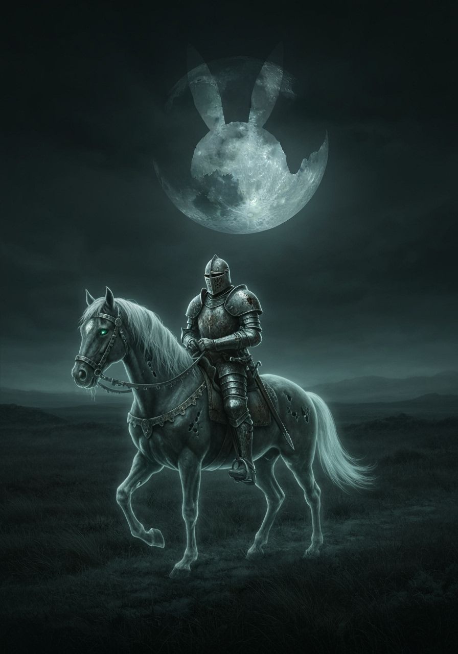 Spectral Knight Rides Phantom Steed Under Fractured Moon