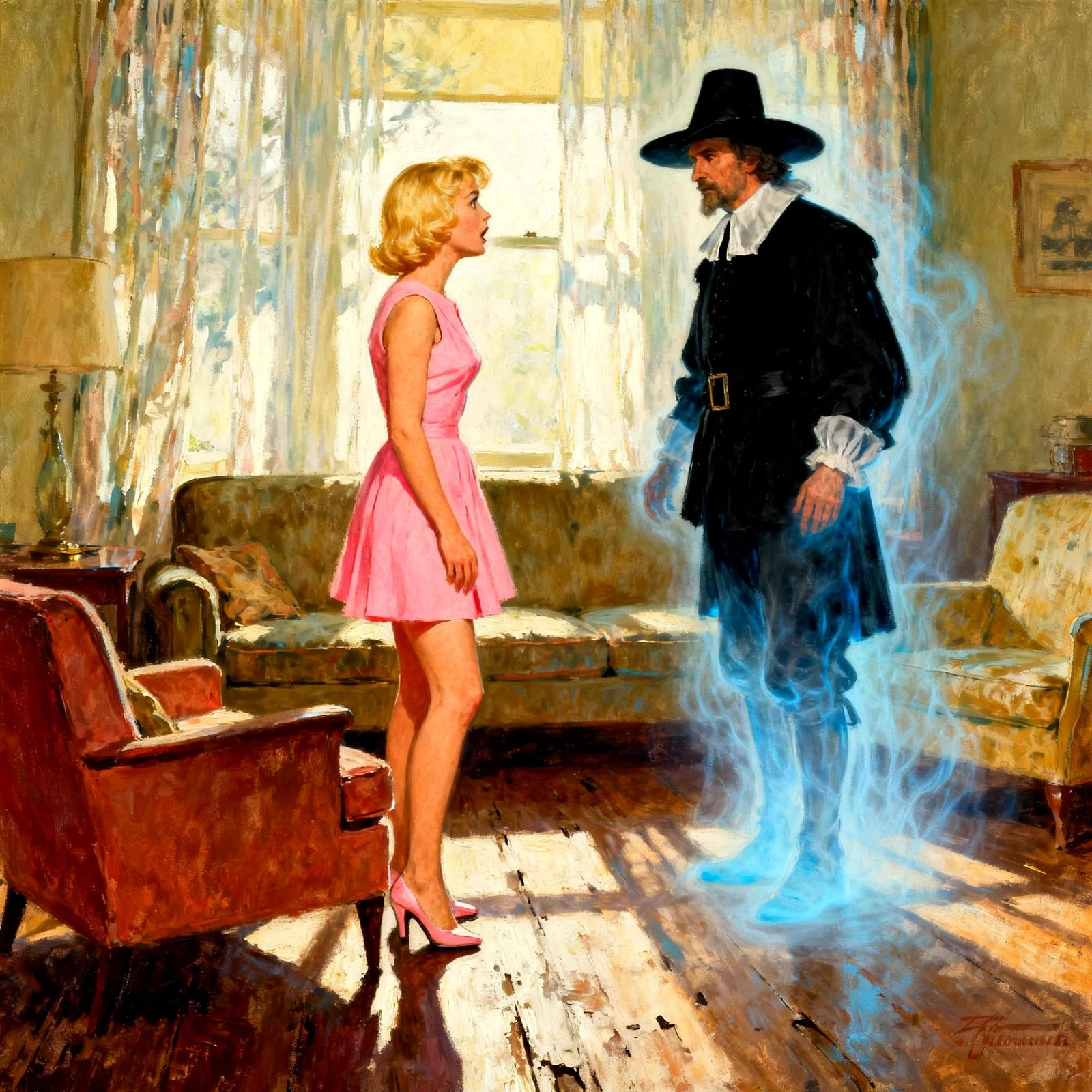 1960s Housewife Meets Puritan Ghost in Impressionist Oil Pai...