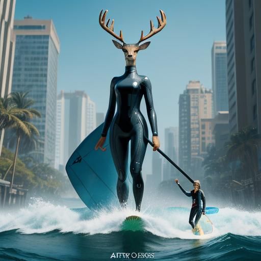 Colossal Anthro Deer Surfer Walks Through City