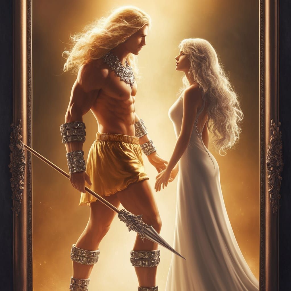 Fiery Man and Woman in Golden Light, Ethereal Reflection