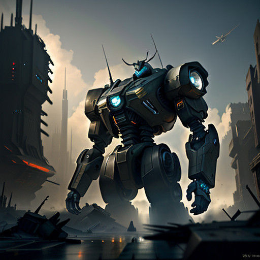 Massive Futuristic Mech Dominates Ruined Cityscape in Epic 8...