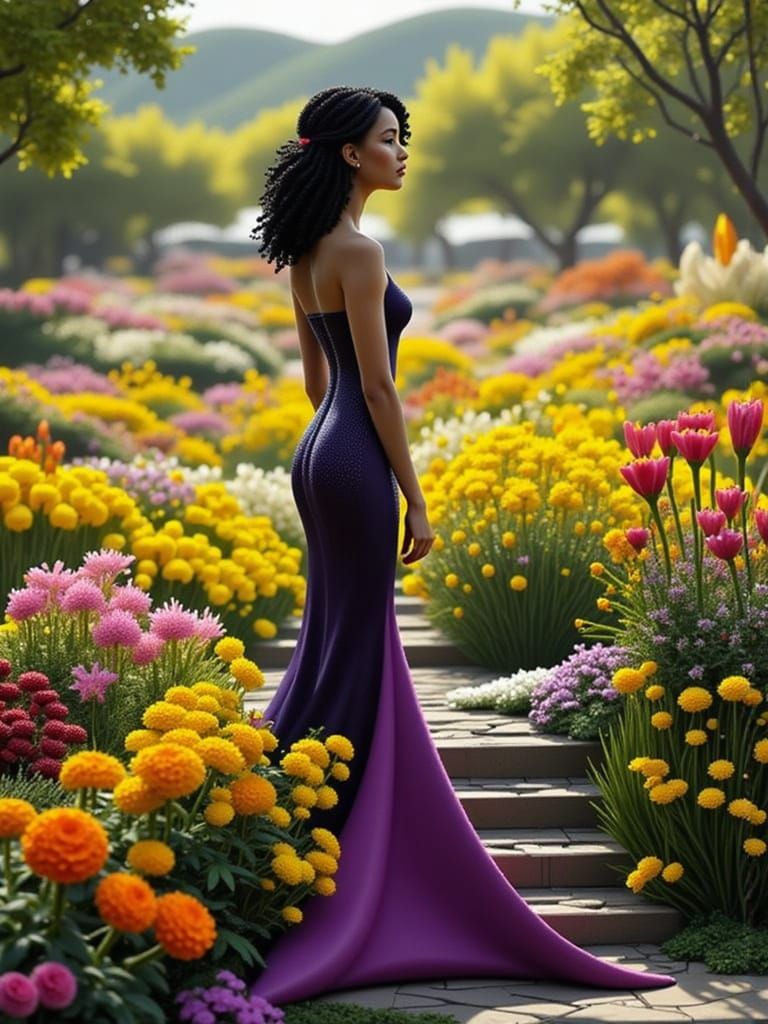 Woman in Vibrant Garden, Hyperrealistic Cinematic Style