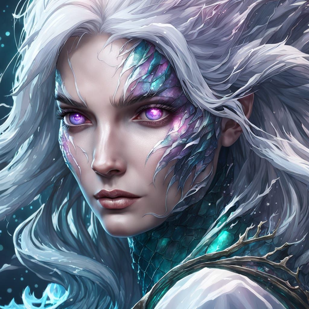 Seductive Evil Mermaid with White Hair in Hyperdetailed Port...