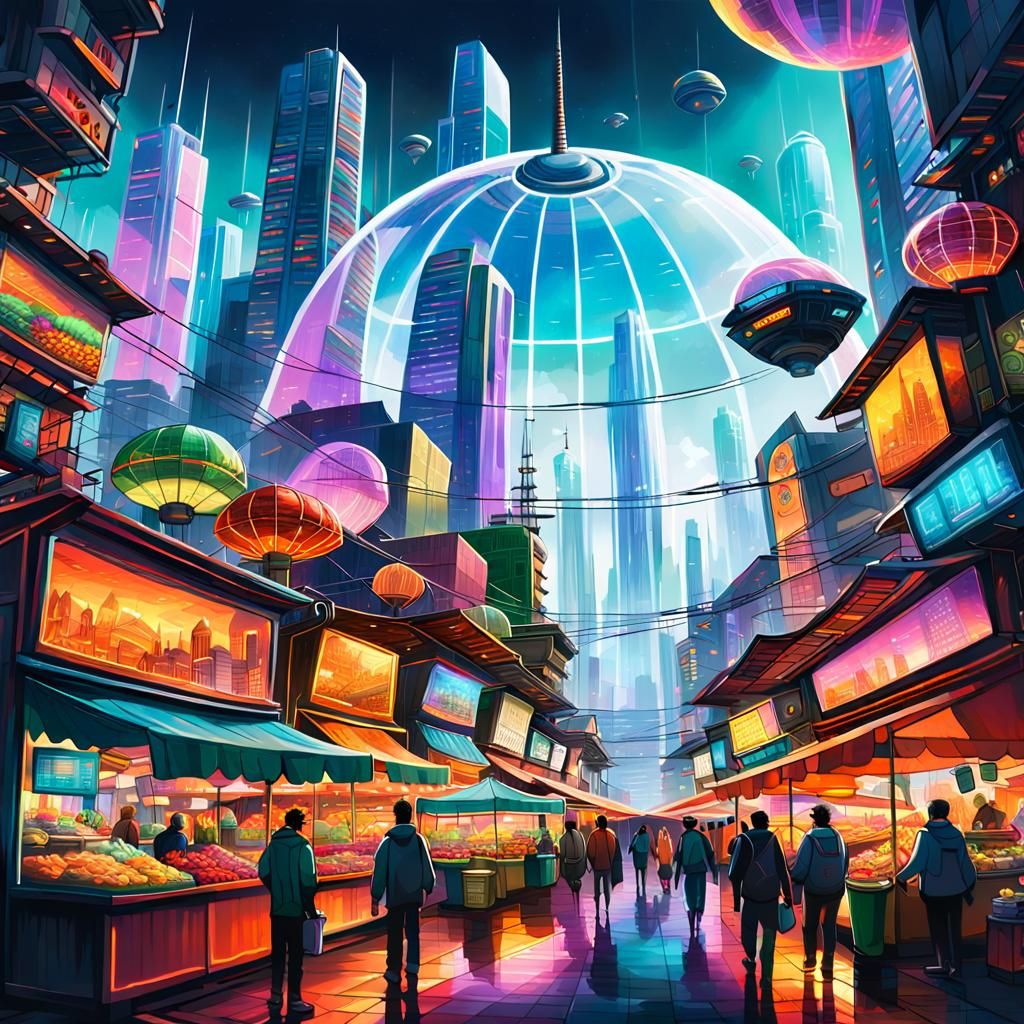 Futuristic Cityscape Illustration Under Dome in Oil Painting...