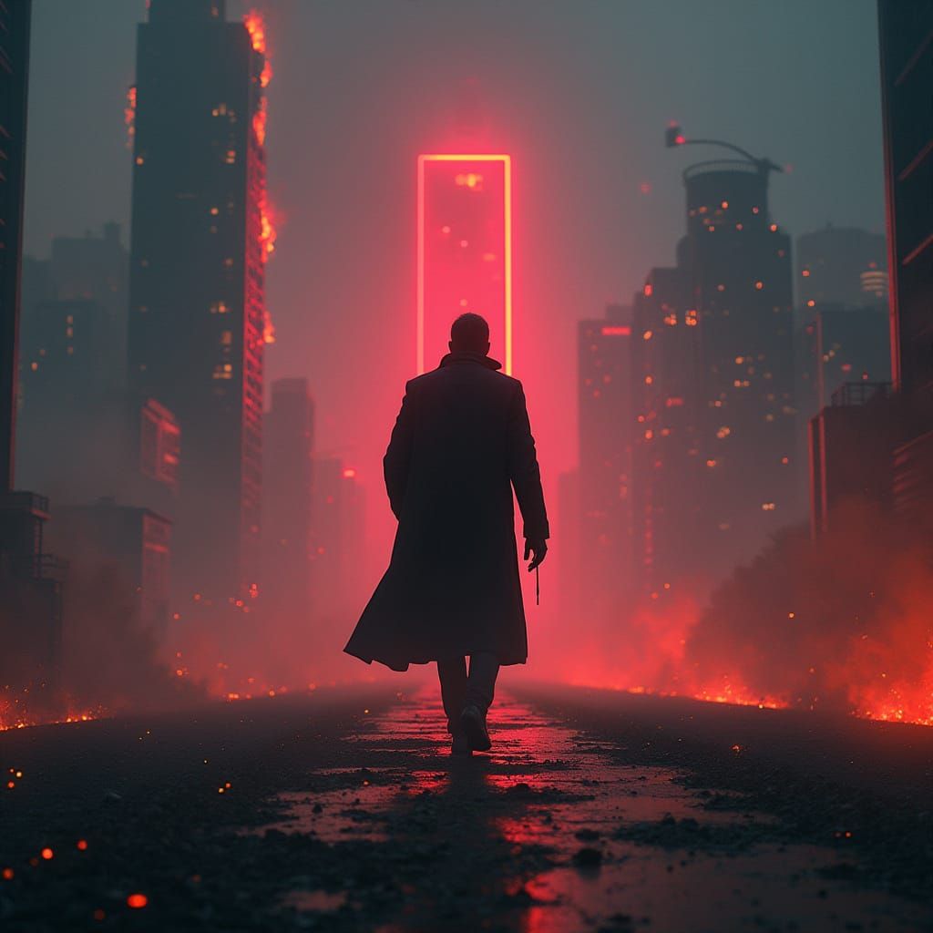 Cyberpunk Figure Walks Away From Burning City