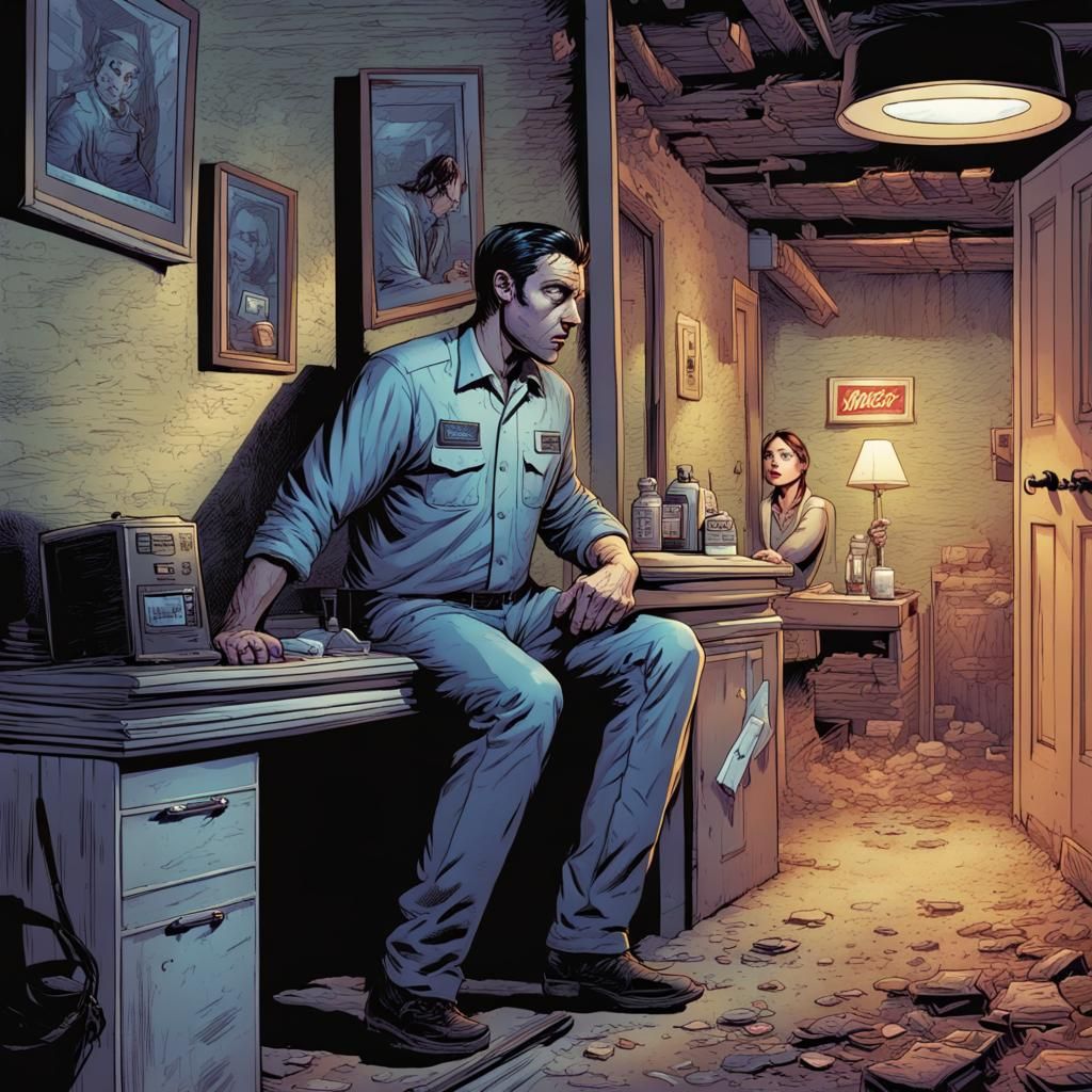 Motel Employee Horror in Comic Book Art Style