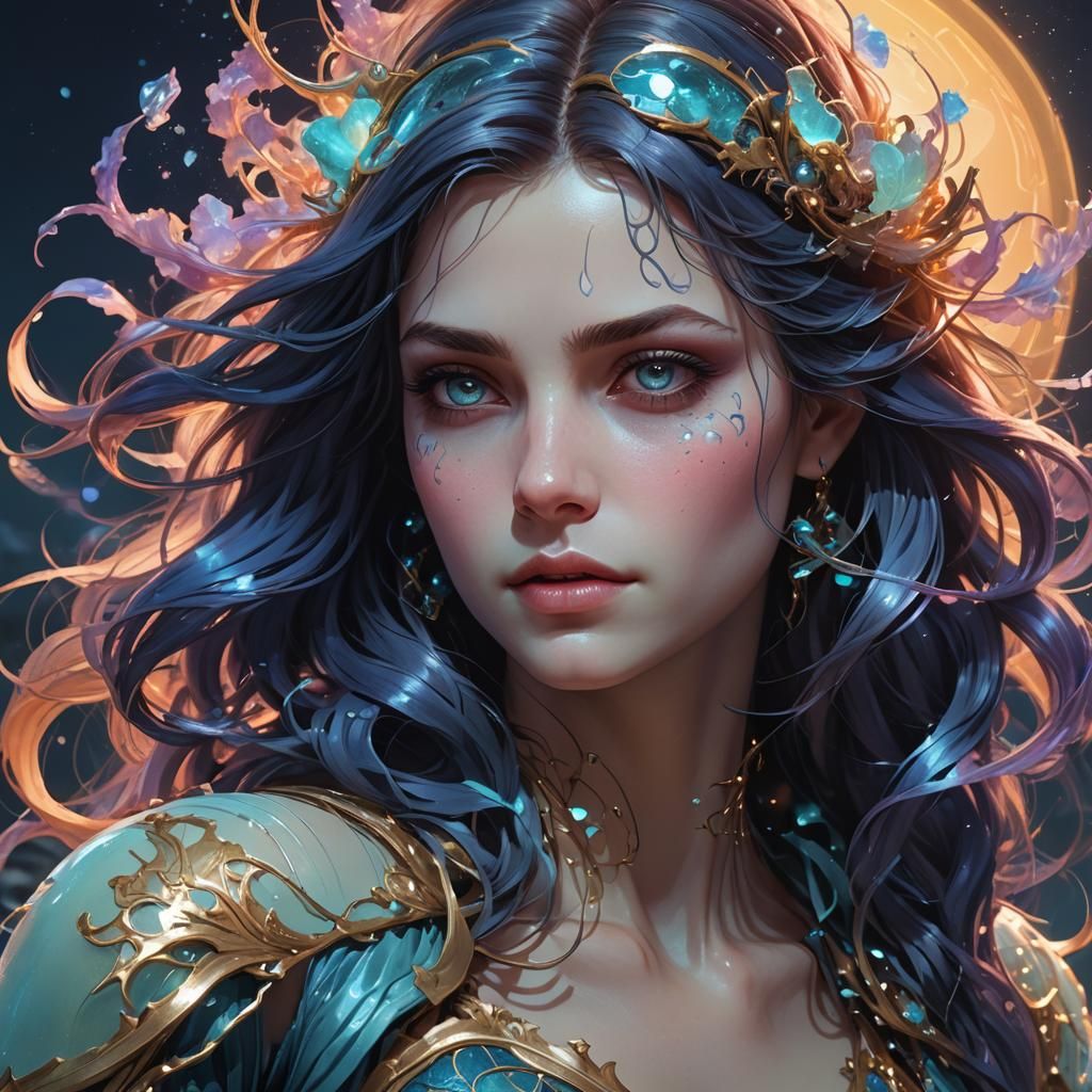 Bioluminescent Twilight Portrait in Art Nouveau Style