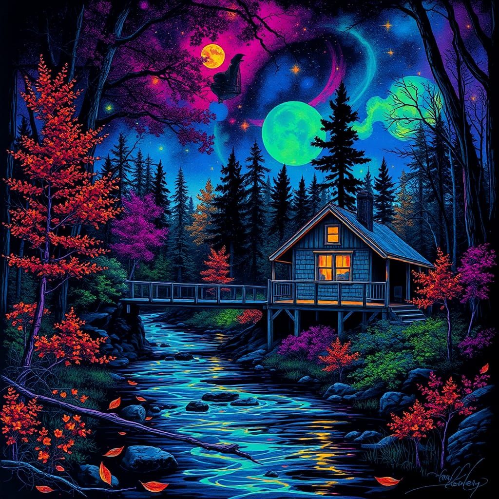 Bioluminescent Autumn Scene in Neon Graffiti Style