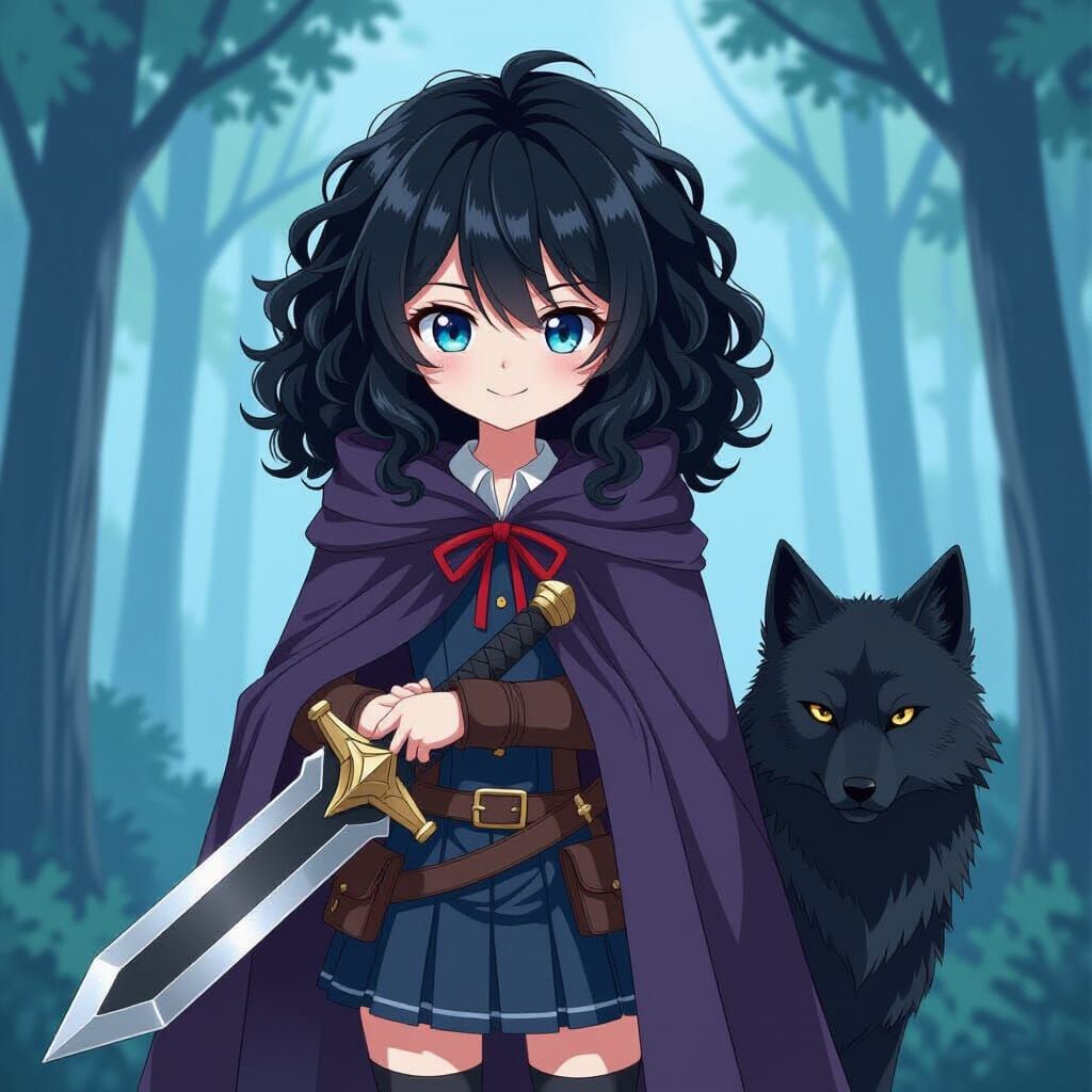 Dark Forest Assassin Girl with Dagger and Wolf in Anime Styl...
