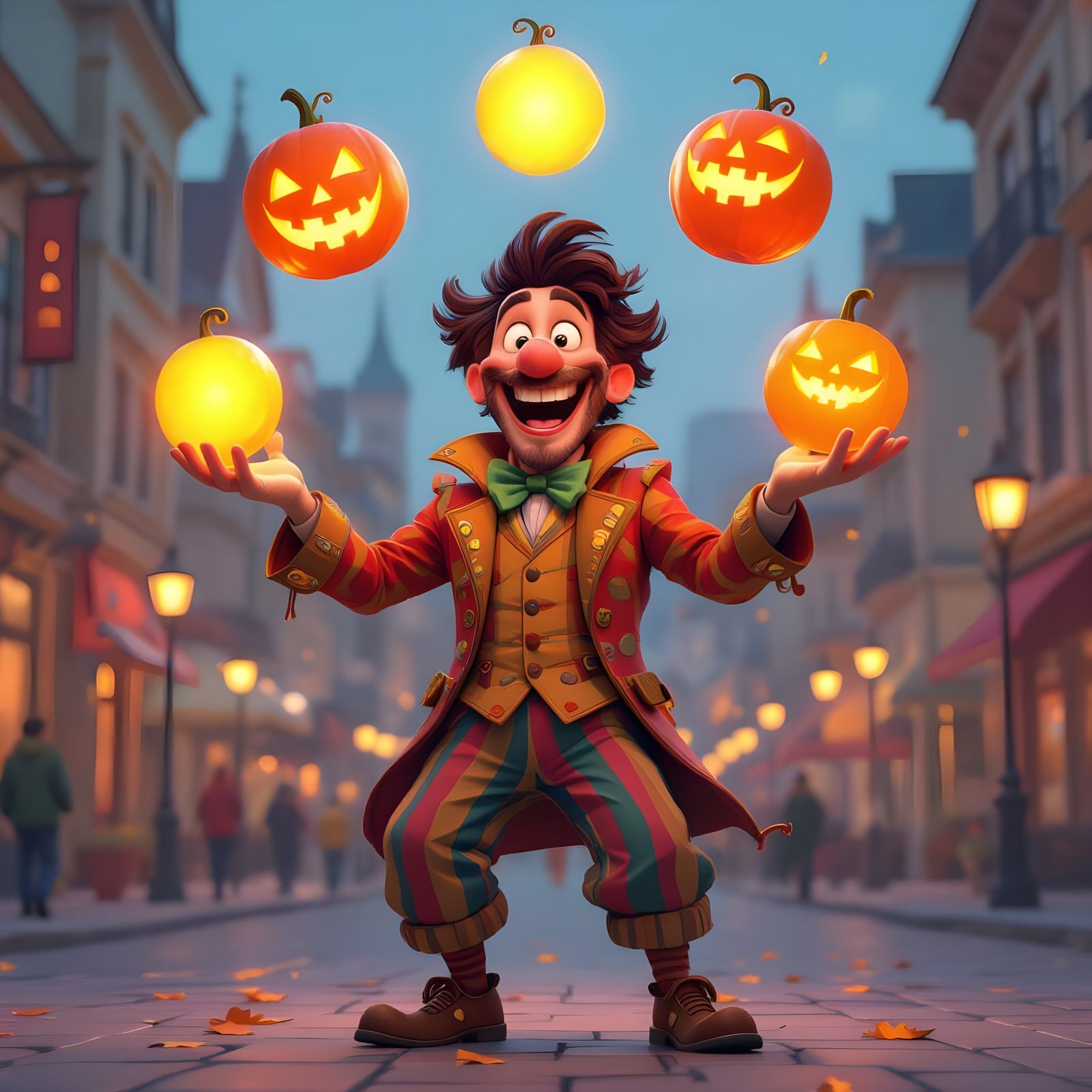 Street Performer Juggling Glowing Pumpkin Orbs in Vibrant Ca...