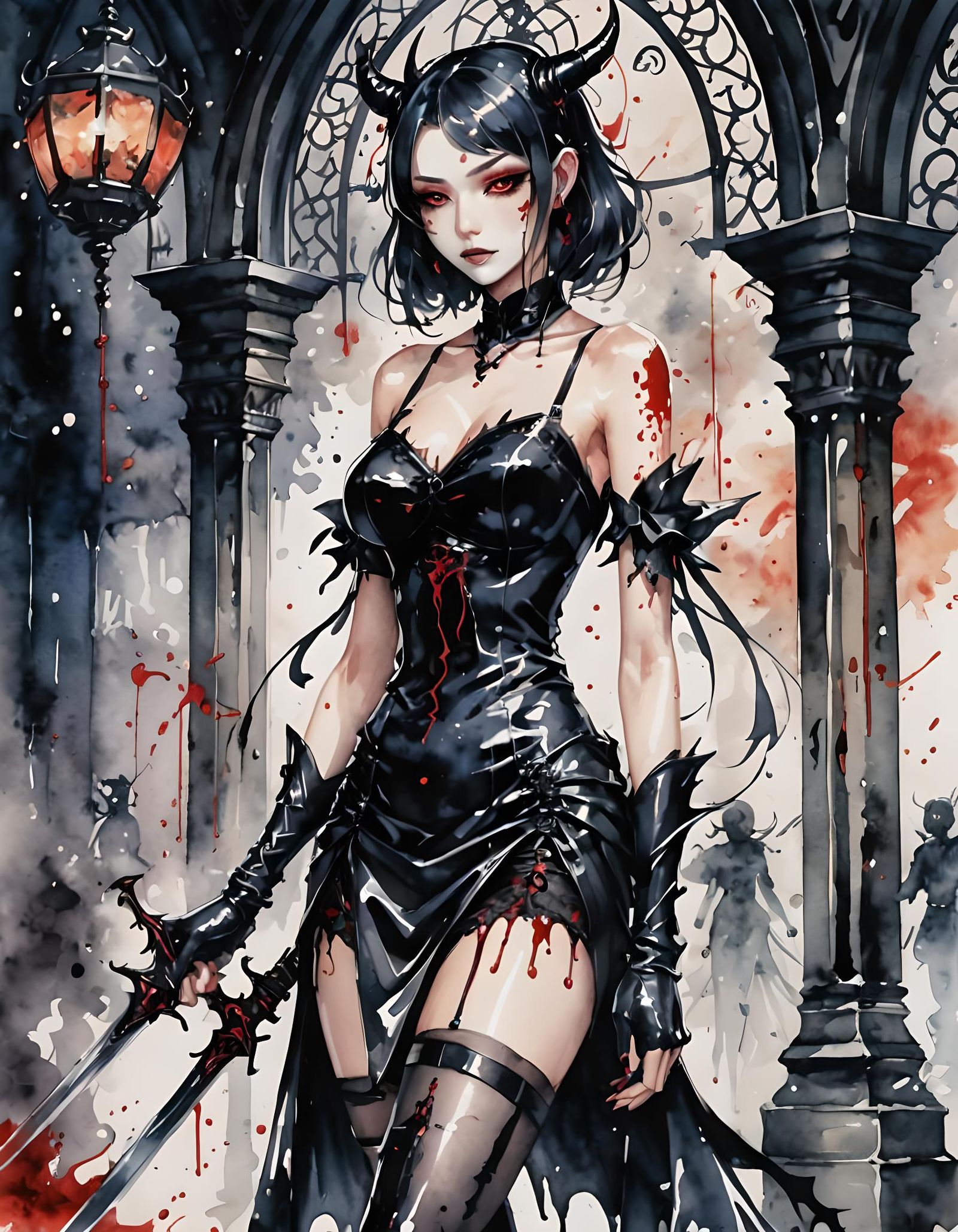 Gothic Anime Demoness with Rapier in Watercolor Style