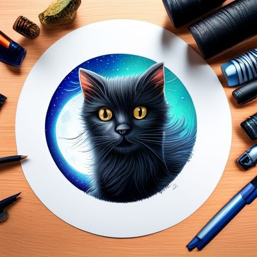 Mysterious Witch Cat Sticker in Hyperrealistic Style