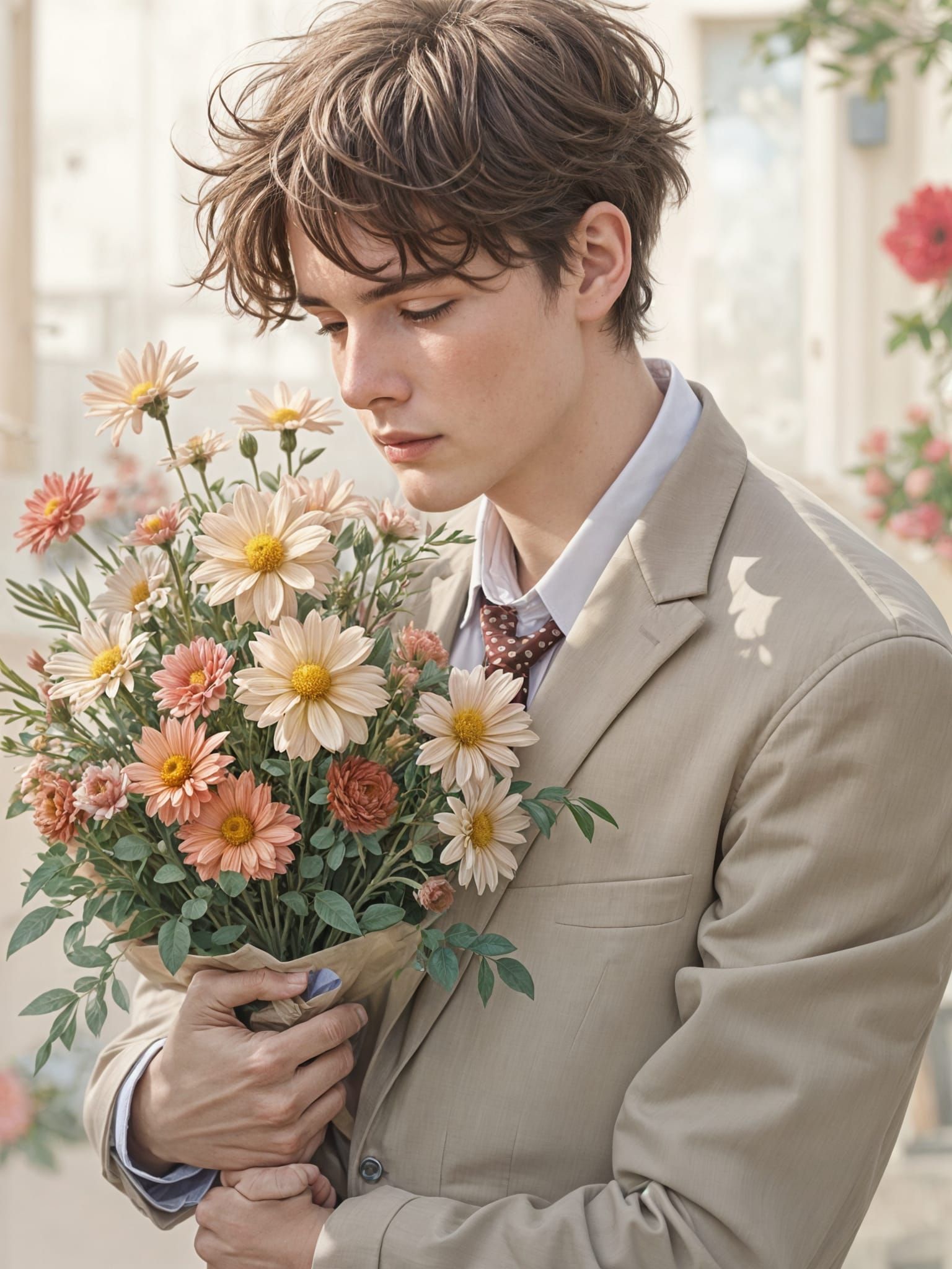 Nervous Young Man Holds Flowers in Front of a Flower Shop