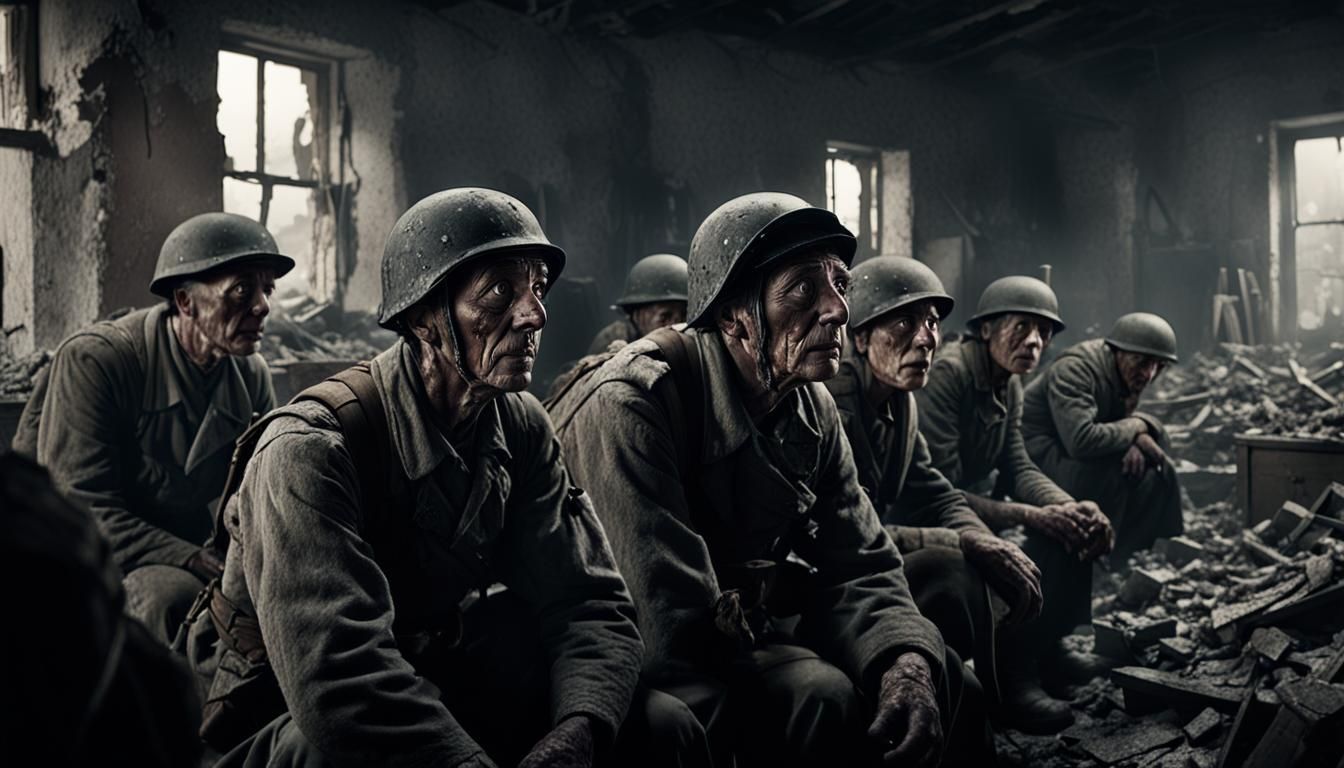Villagers Huddle in Ruined House: WW2 Film Still