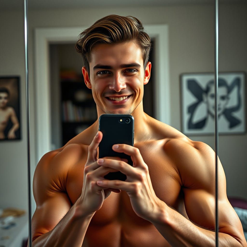 Chiseled Young Man Takes a Selfie in Modern Mirror