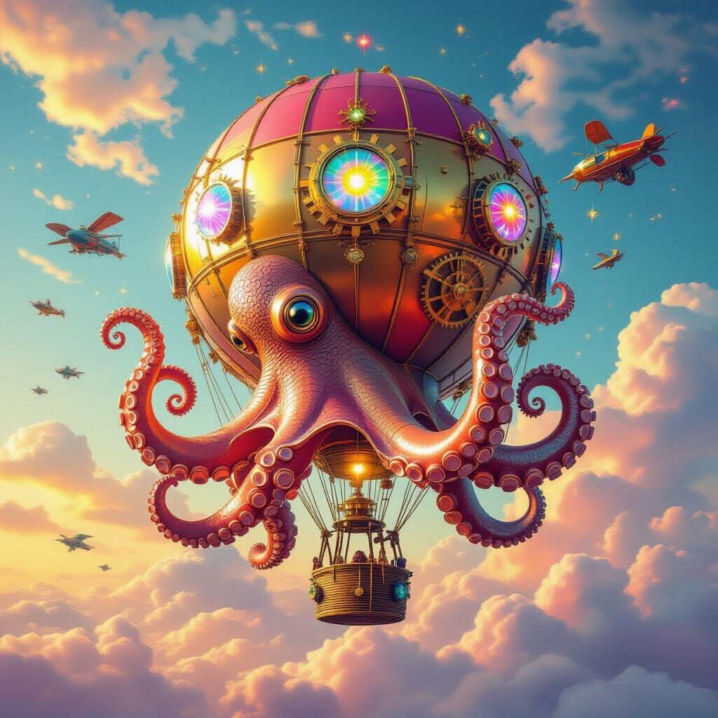 Steampunk Octopus Balloon Soars Through Solarpunk Sky