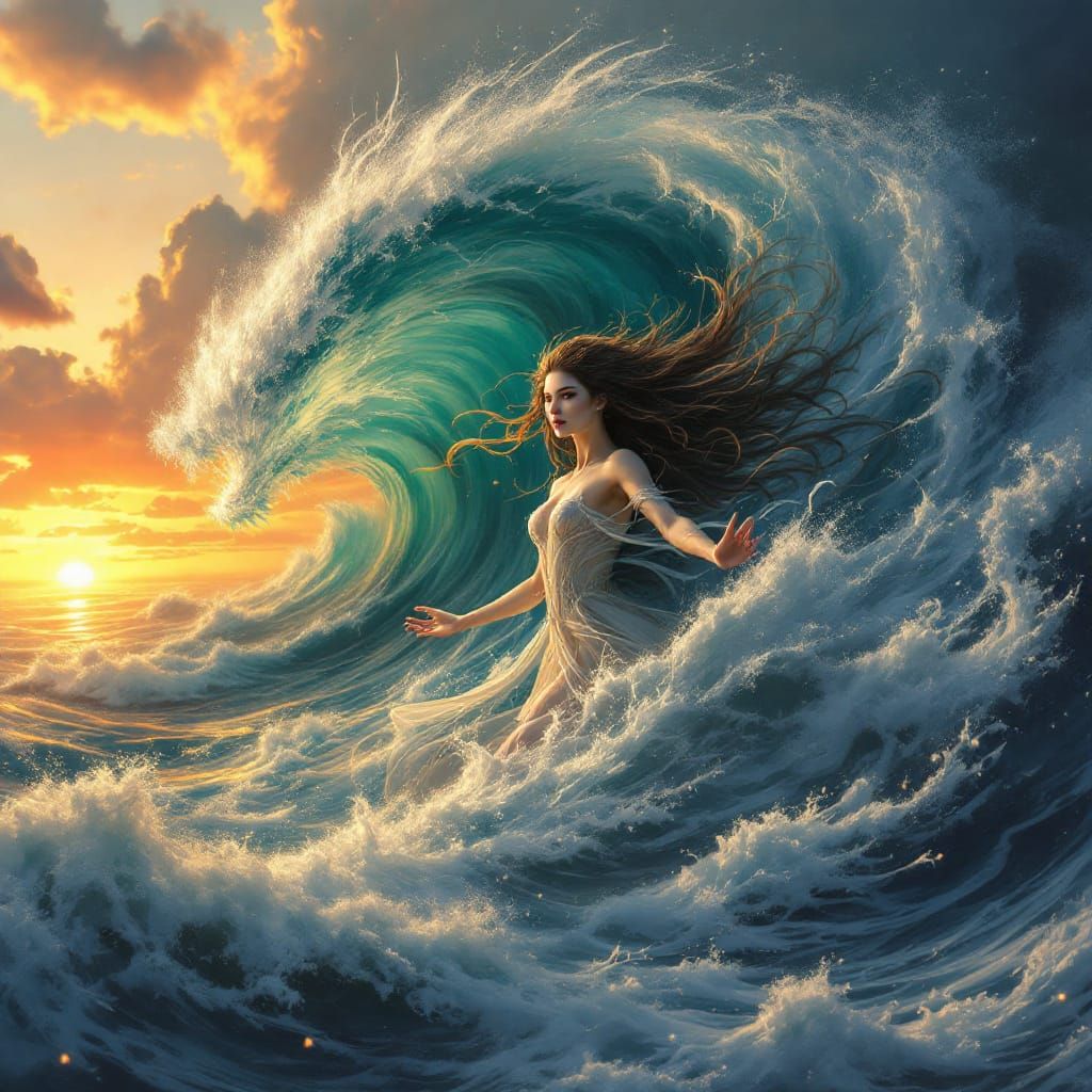 Turbulent Ocean Sunset with Animal Waves, Hyperrealism Style