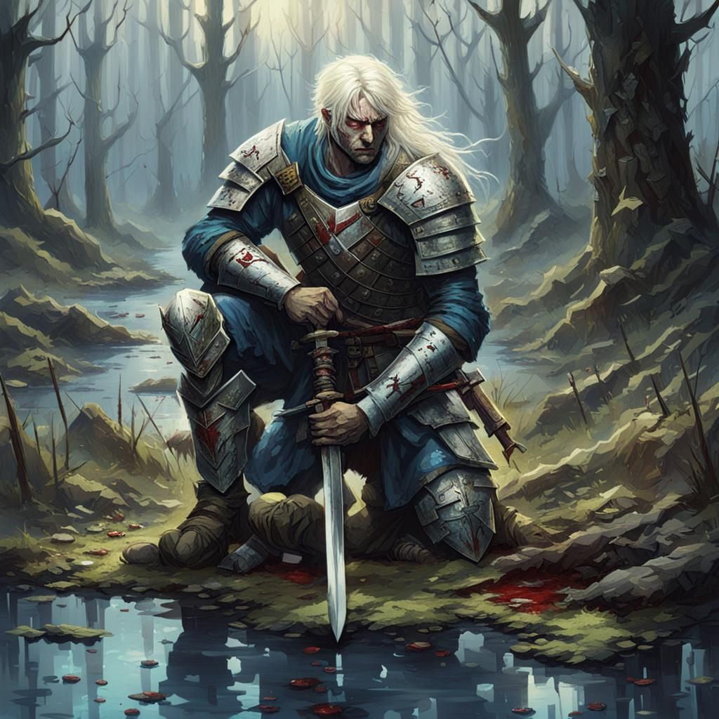 Bloodied Warrior Kneels After Swamp Battle