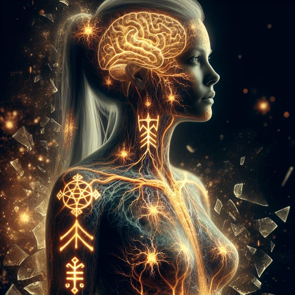 Double Exposure: Glowing Woman with Norse Runes