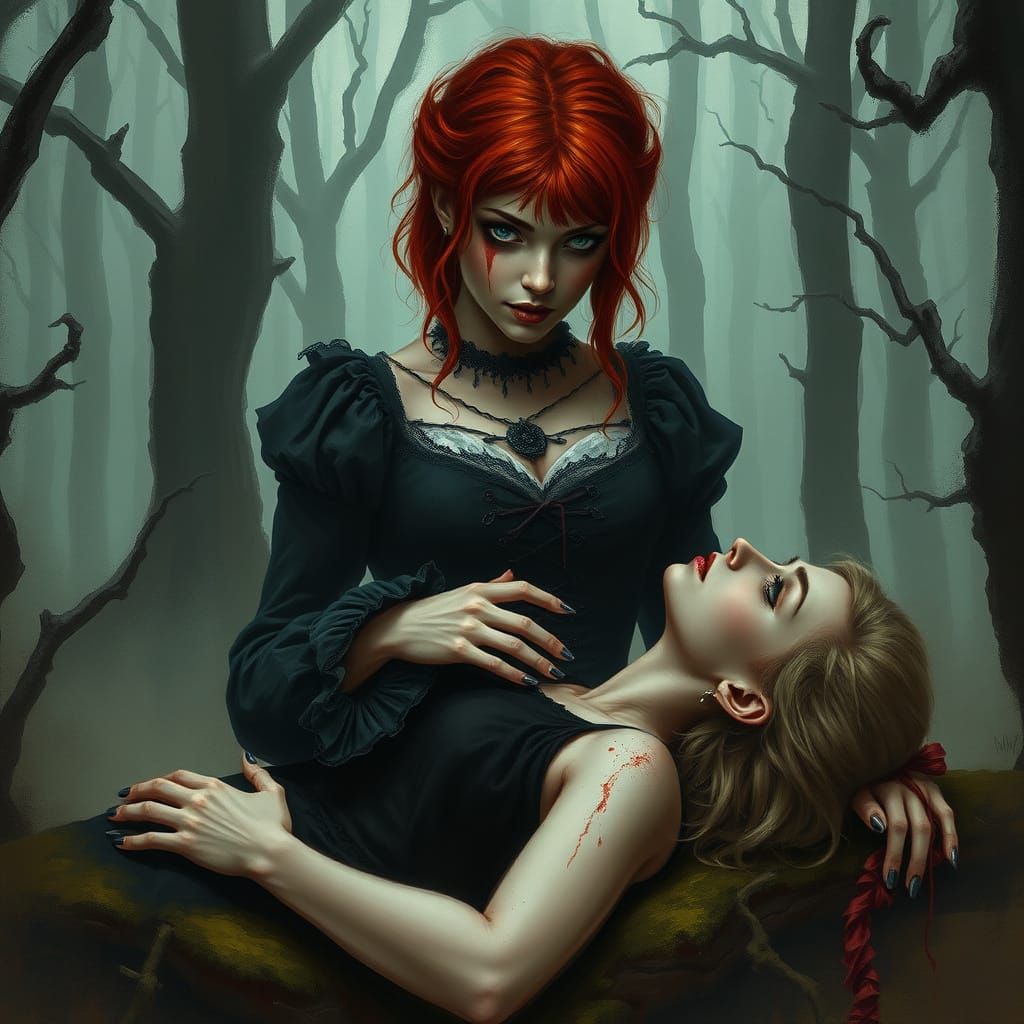 Dark Victorian Goddess Amidst Twisted Forest