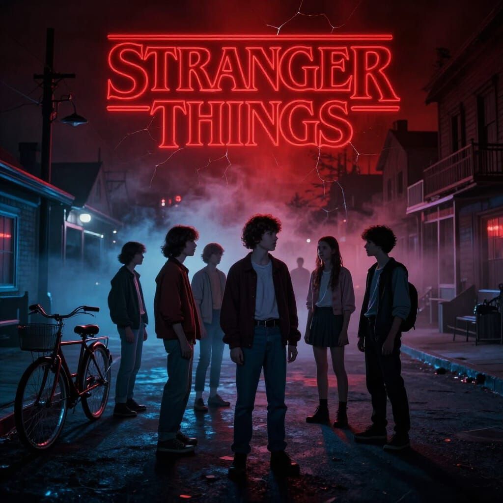 Eerie 80s Sci-Fi Horror Poster: Neon Glow & Ominous Sky