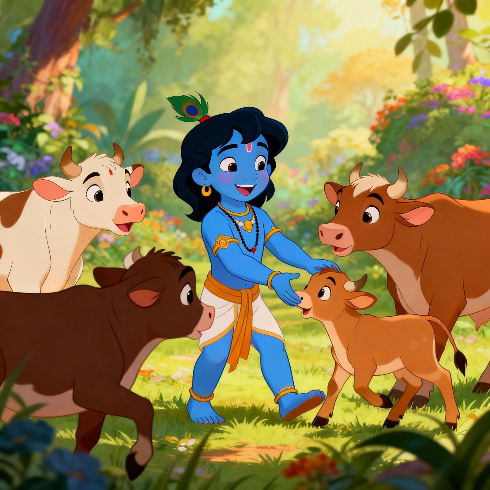 Little Krishna with Calves in Vibrant Nature