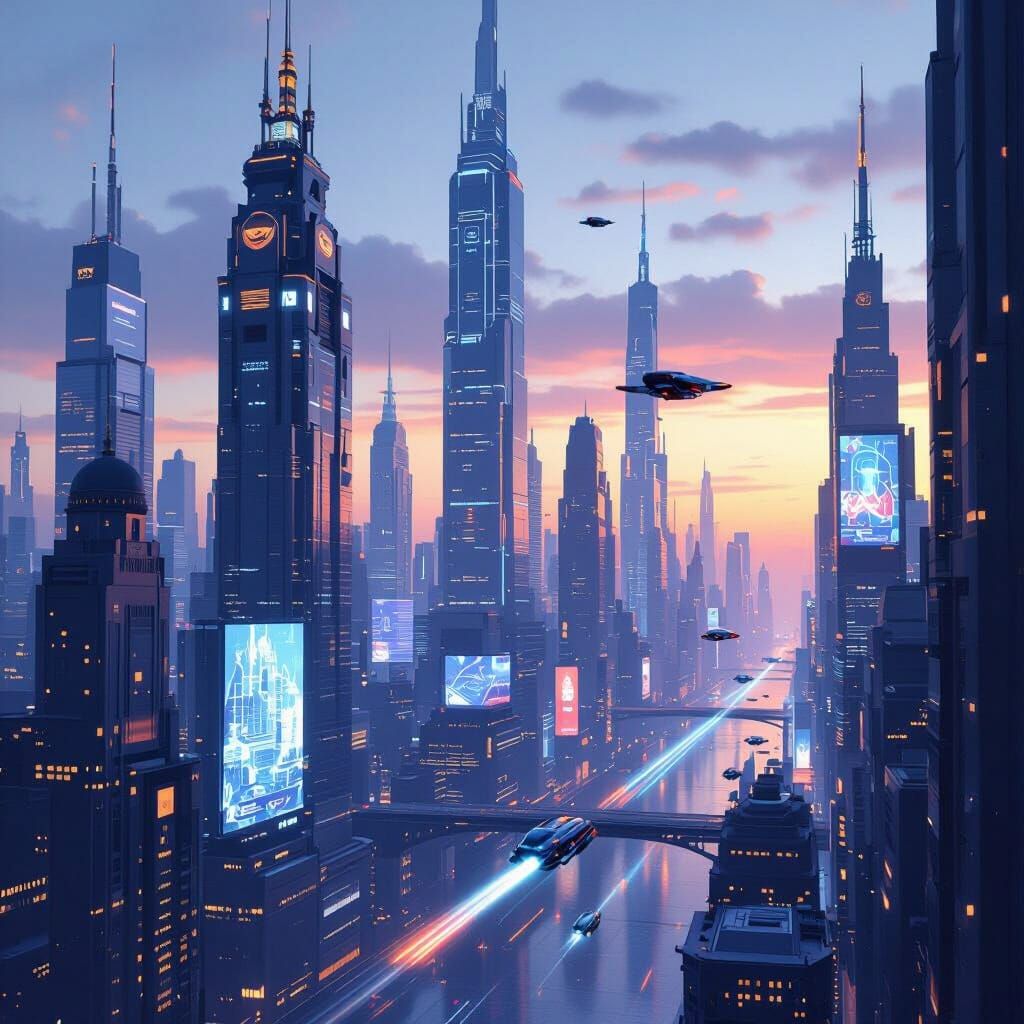 Futuristic Cityscape at Dawn in Cyberpunk Style